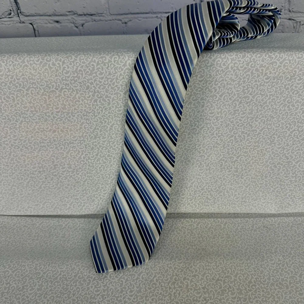 Express 100% Silk Blues/White/Silver Striped Repp‎ Tie, 3 1/4 Inch Wide